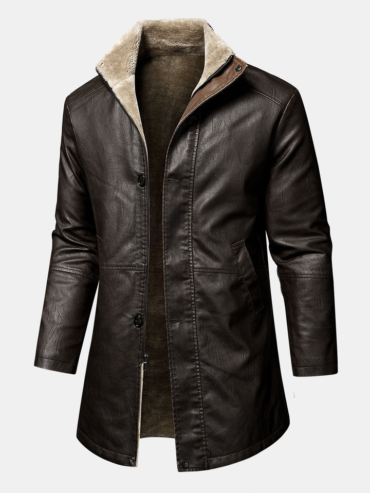 Men's Long Faux Leather Winter Coat – Stand Collar Overcoat - Dark Brown