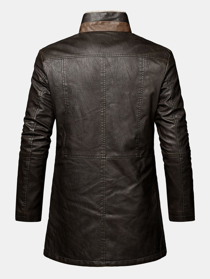 Men's Long Faux Leather Winter Coat – Stand Collar Overcoat