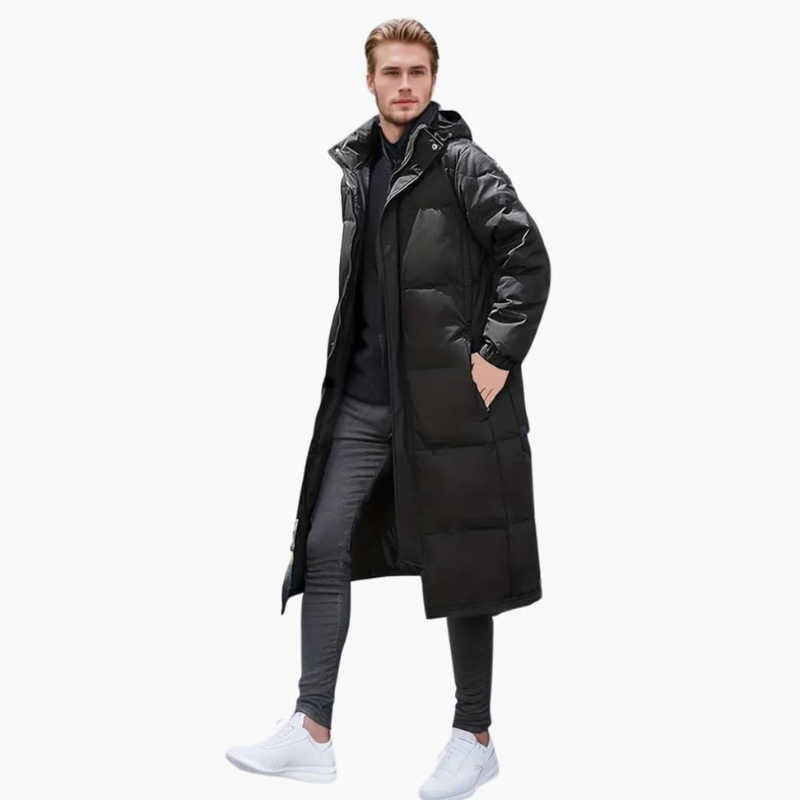 Men's Long Quilted Winter Jacket - Full Zip Puffer Coat