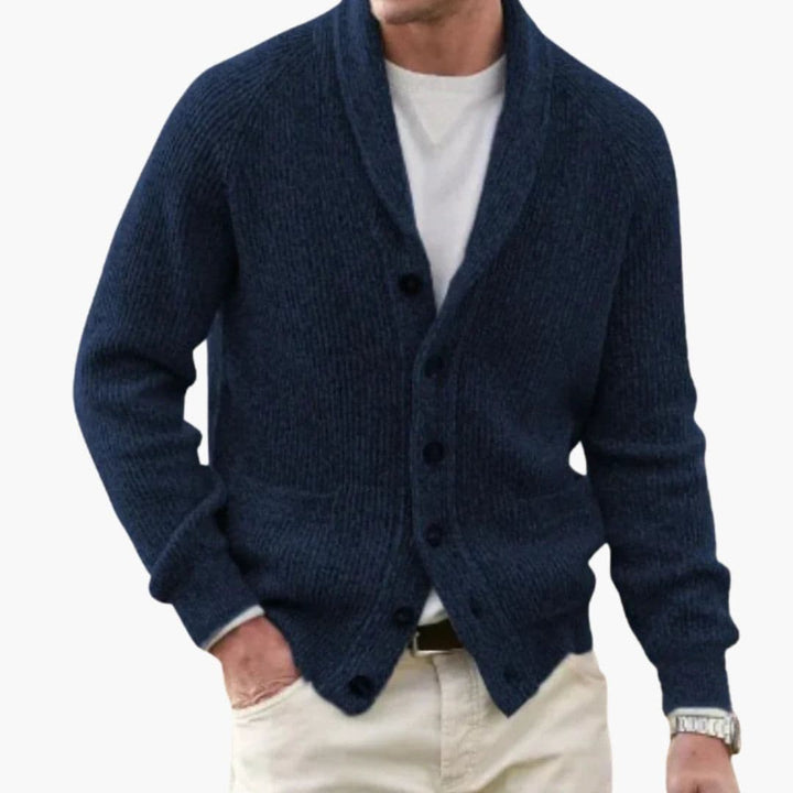 Men's Long Sleeve Cardigan - Classic Winter Knit - Blue