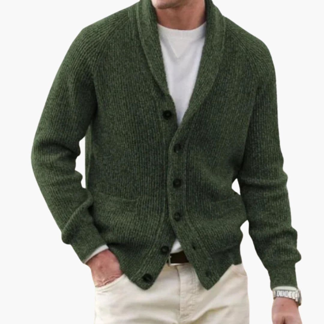 Men's Long Sleeve Cardigan - Classic Winter Knit - Green