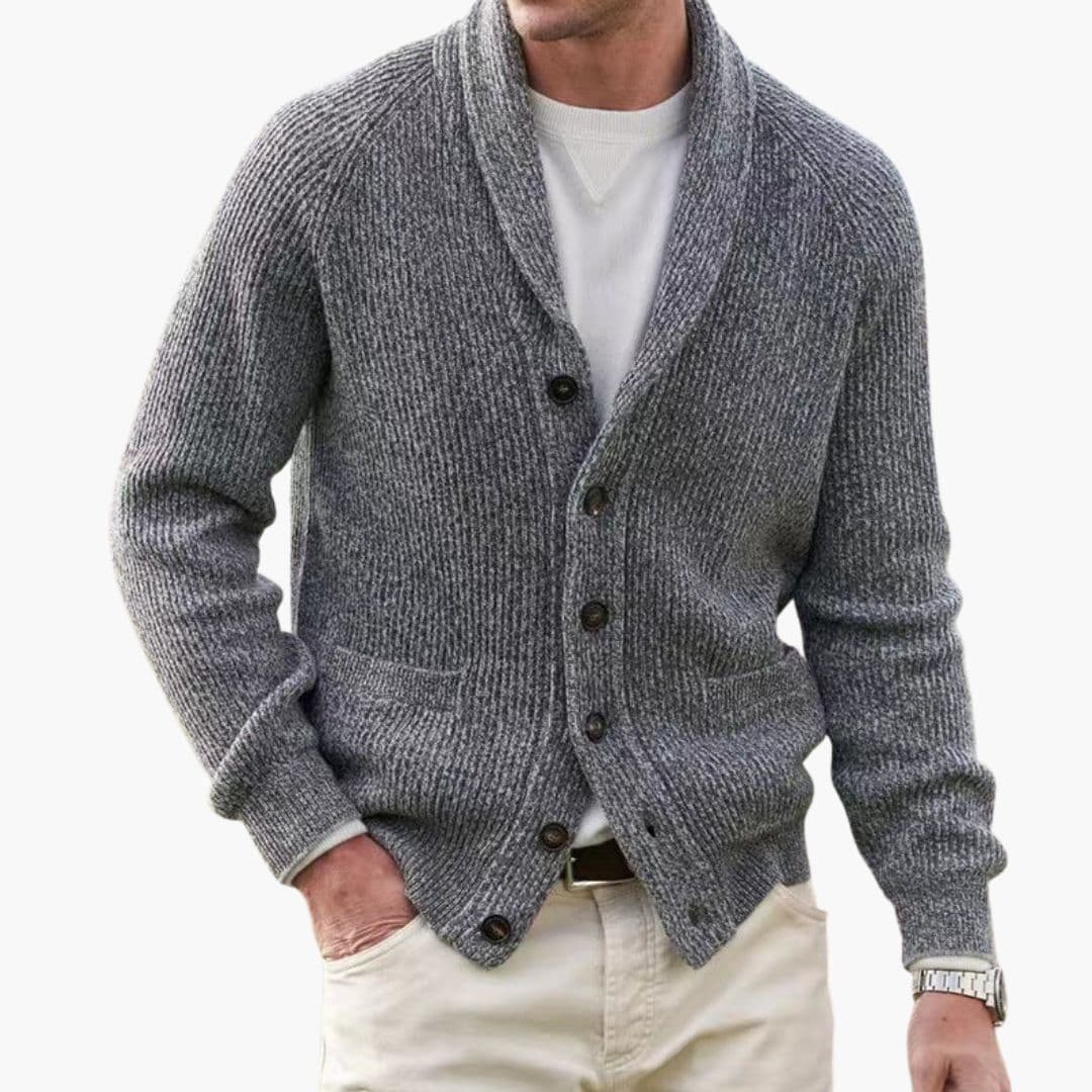 Men's Long Sleeve Cardigan - Classic Winter Knit - Grey