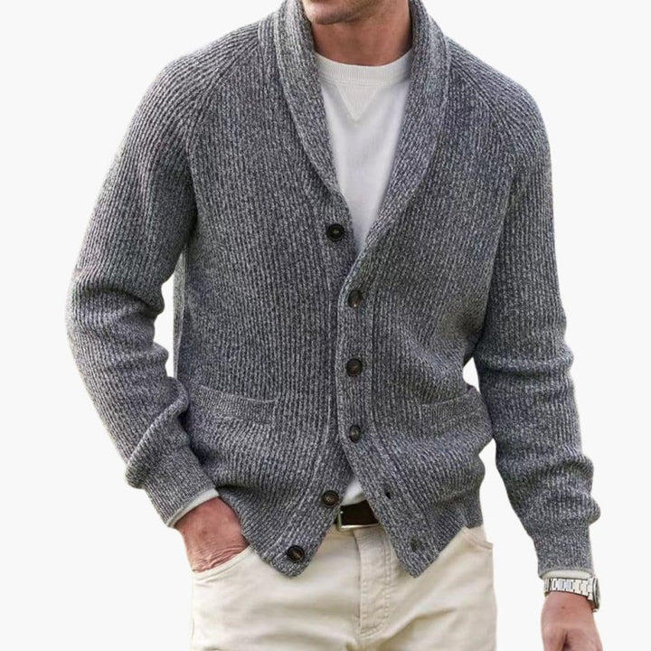 Men's Long Sleeve Cardigan - Classic Winter Knit - Grey