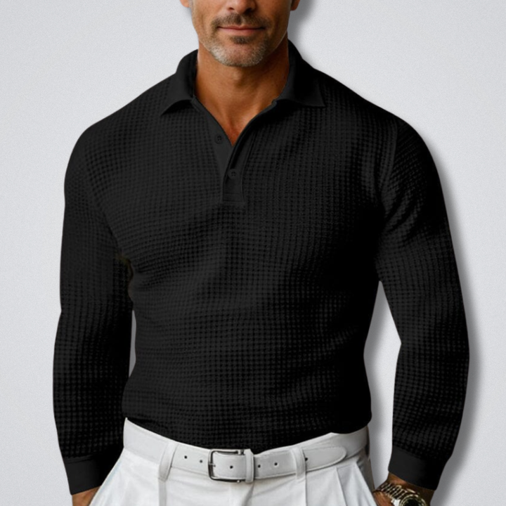 Men's Long-Sleeve Knit Polo in black, Folded Collar Sweater
