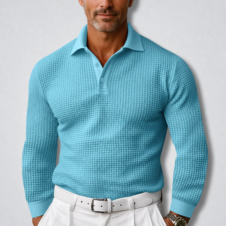 Men's Long-Sleeve Knit Polo in blue, Folded Collar Sweater