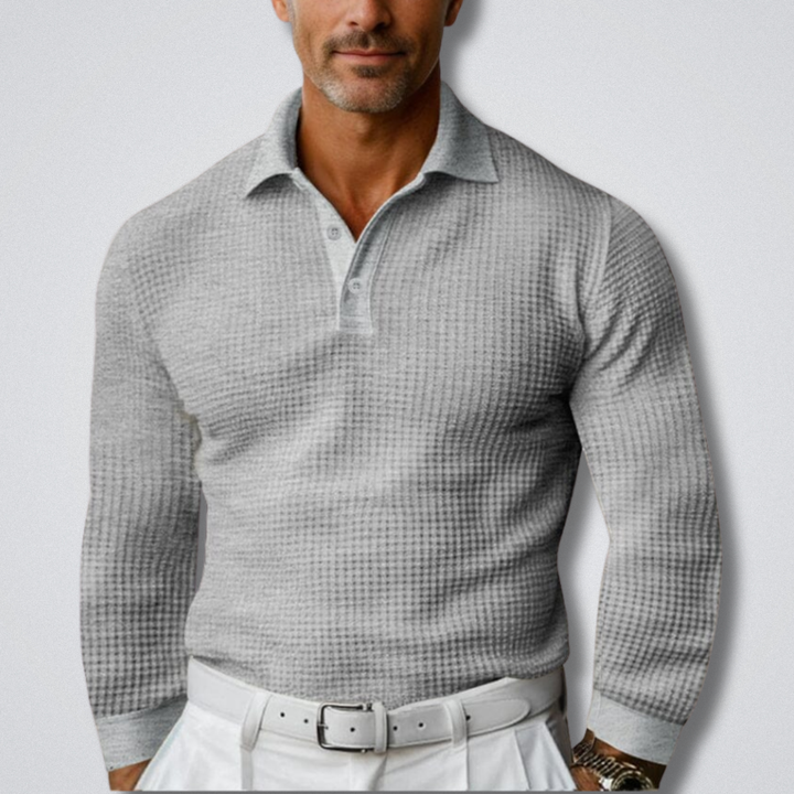 Men's Long-Sleeve Knit Polo in gray, Folded Collar Sweater