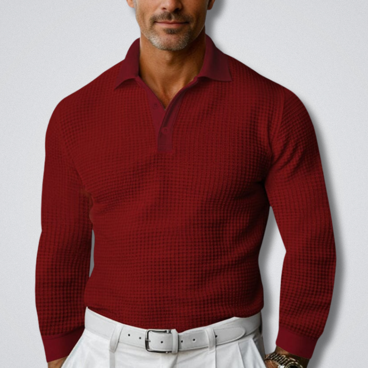 Men's Long-Sleeve Knit Polo in red, Folded Collar Sweater