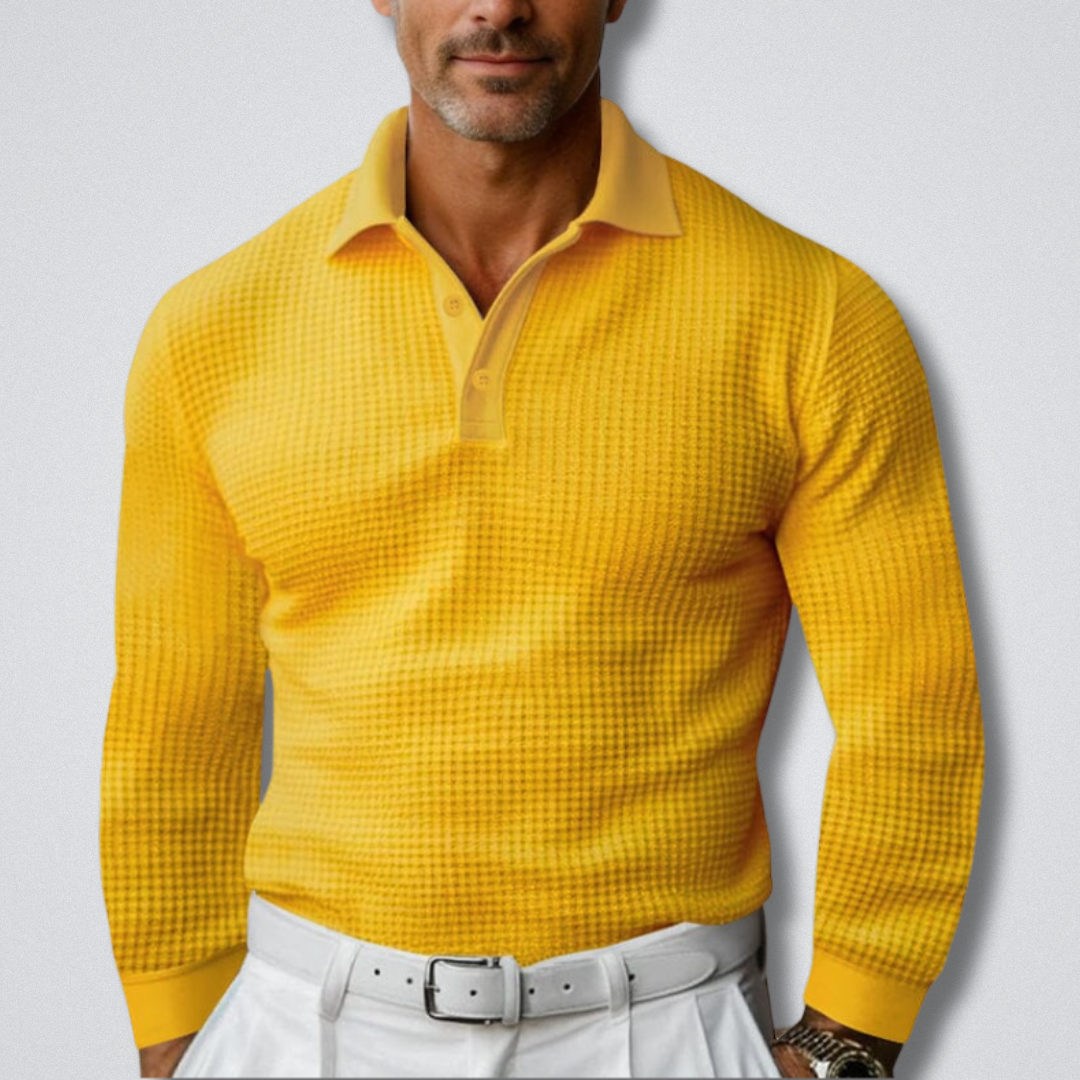 Men's Long-Sleeve Knit Polo in yellow, Folded Collar Sweater