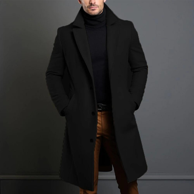 Men's Long Winter Coat - Tailored Formal Style - Black