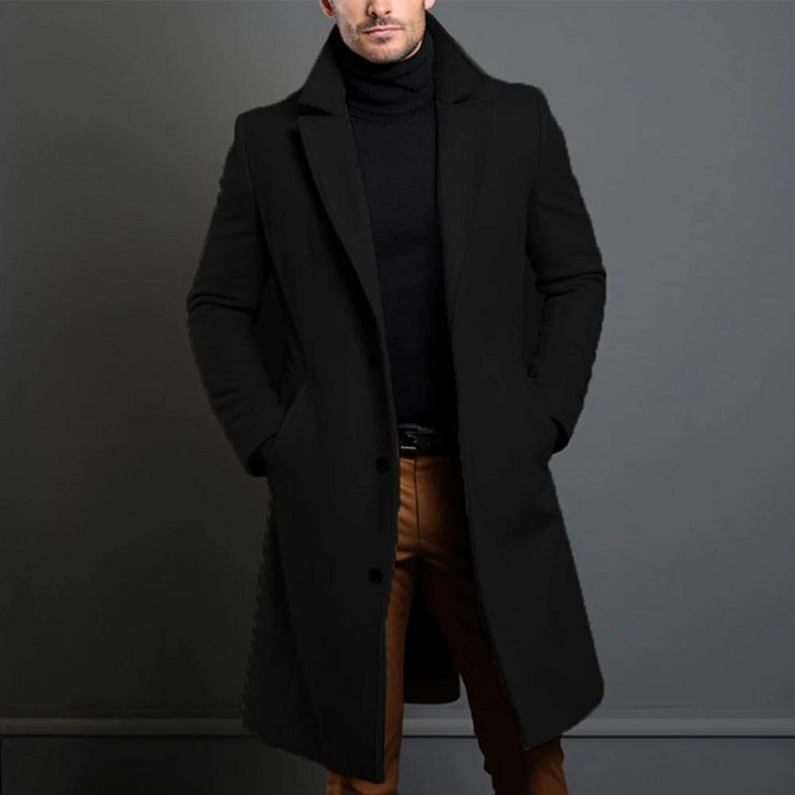 Men's Long Winter Coat - Tailored Formal Style - Black