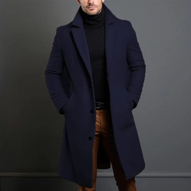 Men's Long Winter Coat - Tailored Formal Style - Blue