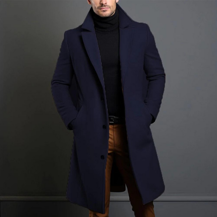 Men's Long Winter Coat - Tailored Formal Style - Blue