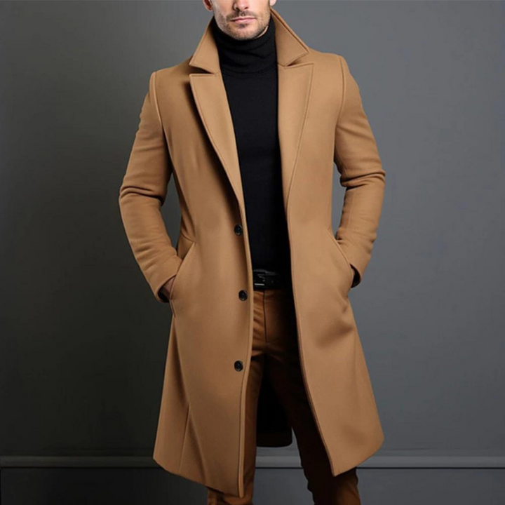 Men's Long Winter Coat - Tailored Formal Style - Khaki
