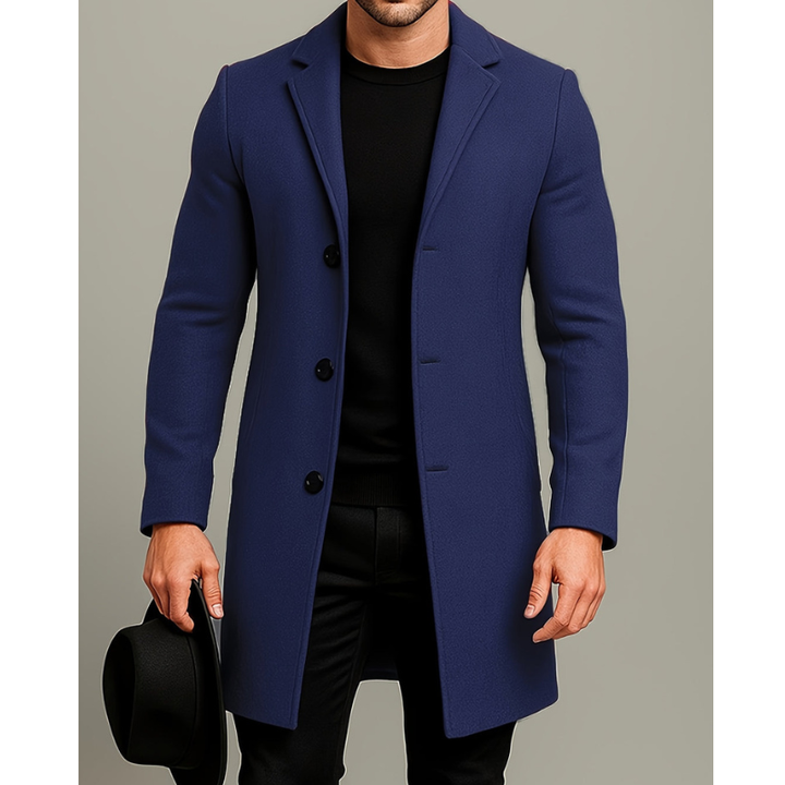 Men's Long Winter Coat with Button Closure - Windproof Style - Blue