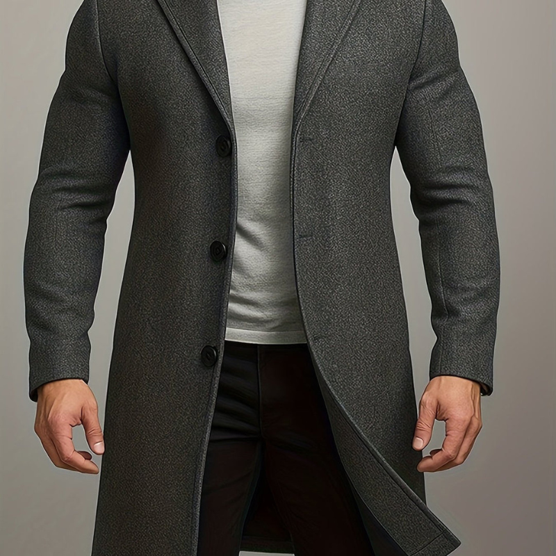 Men's Long Winter Coat with Button Closure - Windproof Style