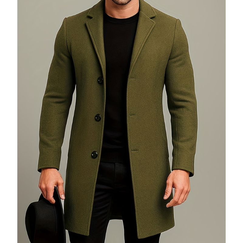 Men's Long Winter Coat with Button Closure - Windproof Style - Green