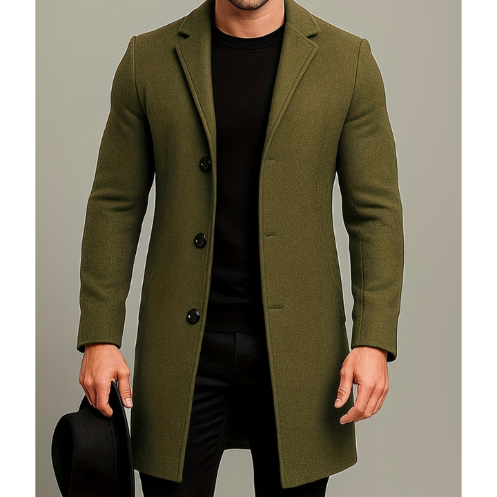 Men's Long Winter Coat with Button Closure - Windproof Style - Green
