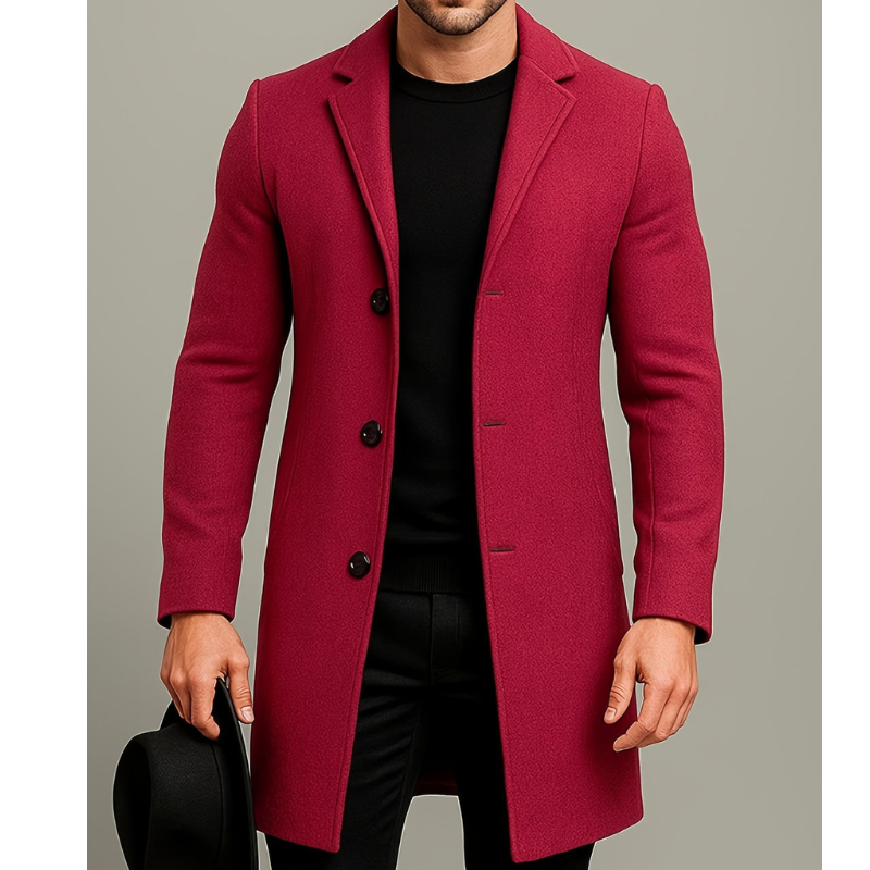 Men's Long Winter Coat with Button Closure - Windproof Style - Red