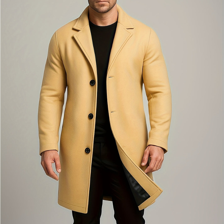 Men's Long Winter Coat with Button Closure - Windproof Style - Yellow