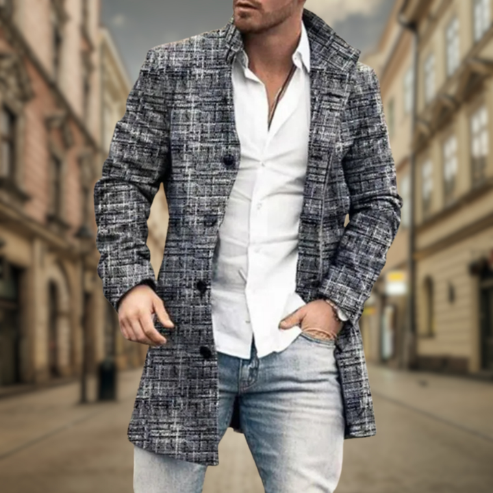 Men's Long Winter Jacket - Straight Fit Casual & Business - Grey Plaid