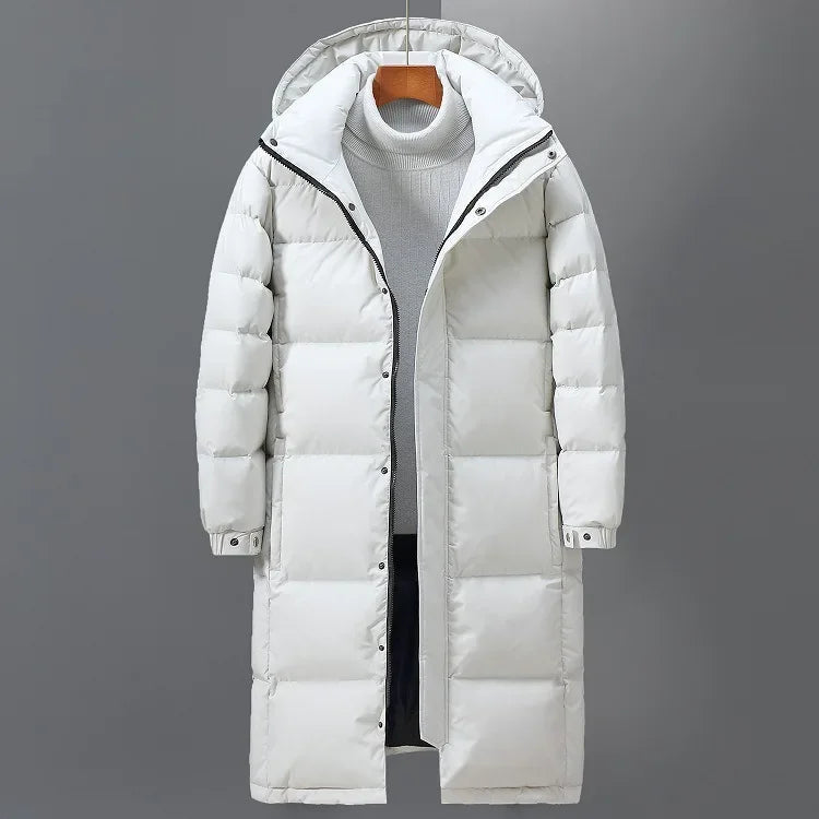 Men's Long Winter Parka Jacket - Warm Hooded Outdoor Coat - White
