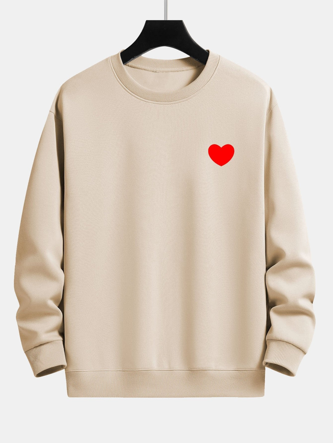 Men's Minimalist Heart Print Sweatshirt – Relaxed Fit Crew Neck - Beige