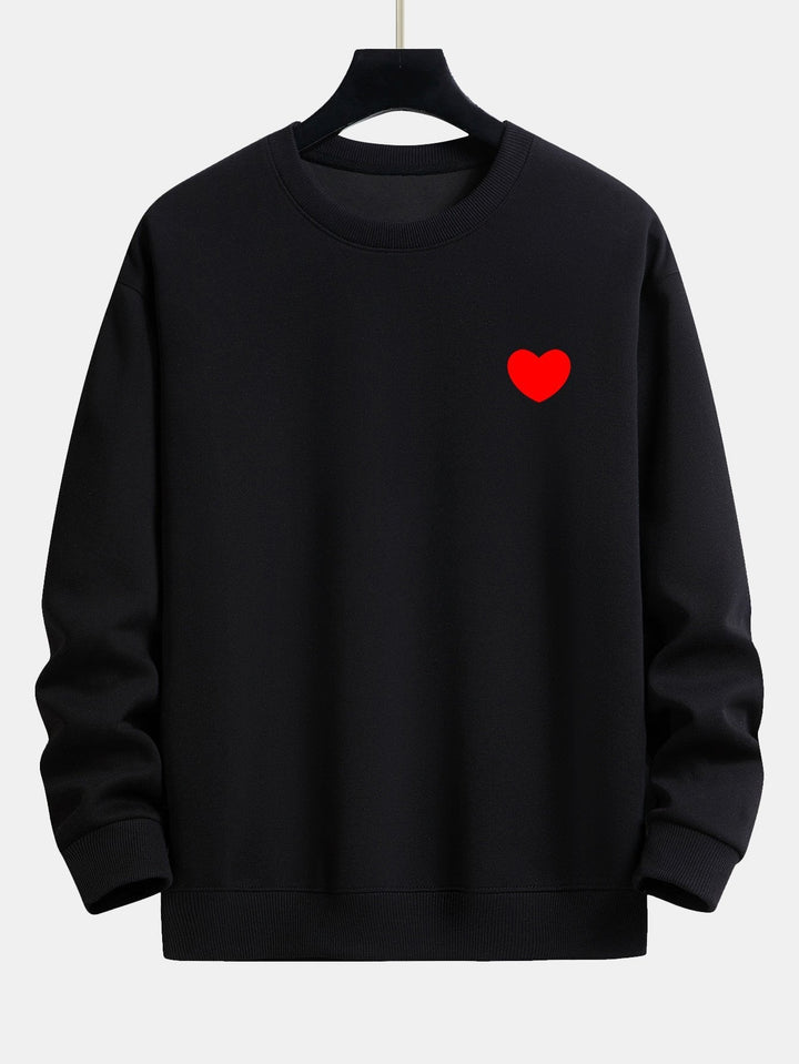 Men's Minimalist Heart Print Sweatshirt – Relaxed Fit Crew Neck - Black