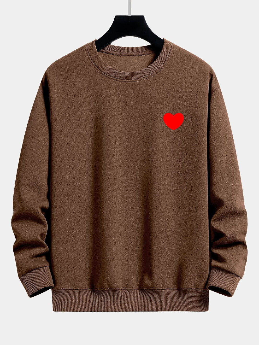 Men's Minimalist Heart Print Sweatshirt – Relaxed Fit Crew Neck - Brown
