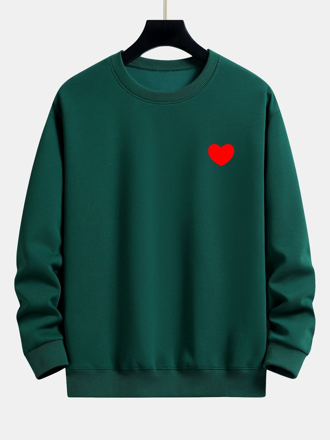 Men's Minimalist Heart Print Sweatshirt – Relaxed Fit Crew Neck - Dark Green