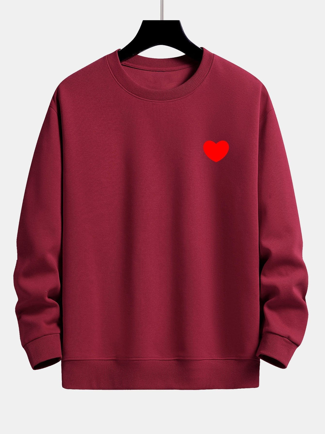 Men's Minimalist Heart Print Sweatshirt – Relaxed Fit Crew Neck - Wine Red