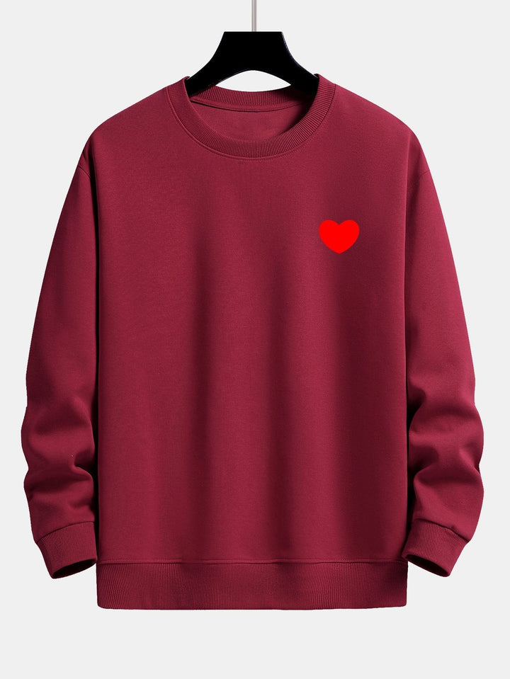 Men's Minimalist Heart Print Sweatshirt – Relaxed Fit Crew Neck - Wine Red