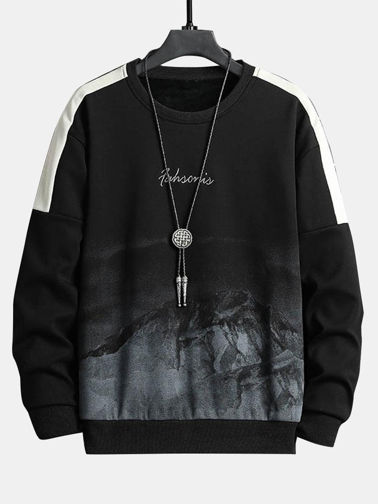 Men's Mountain Graphic Crew Neck Sweatshirt – Relaxed Fit Pullover - Black