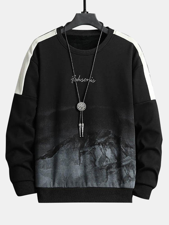 Men's Mountain Graphic Crew Neck Sweatshirt – Relaxed Fit Pullover - Black