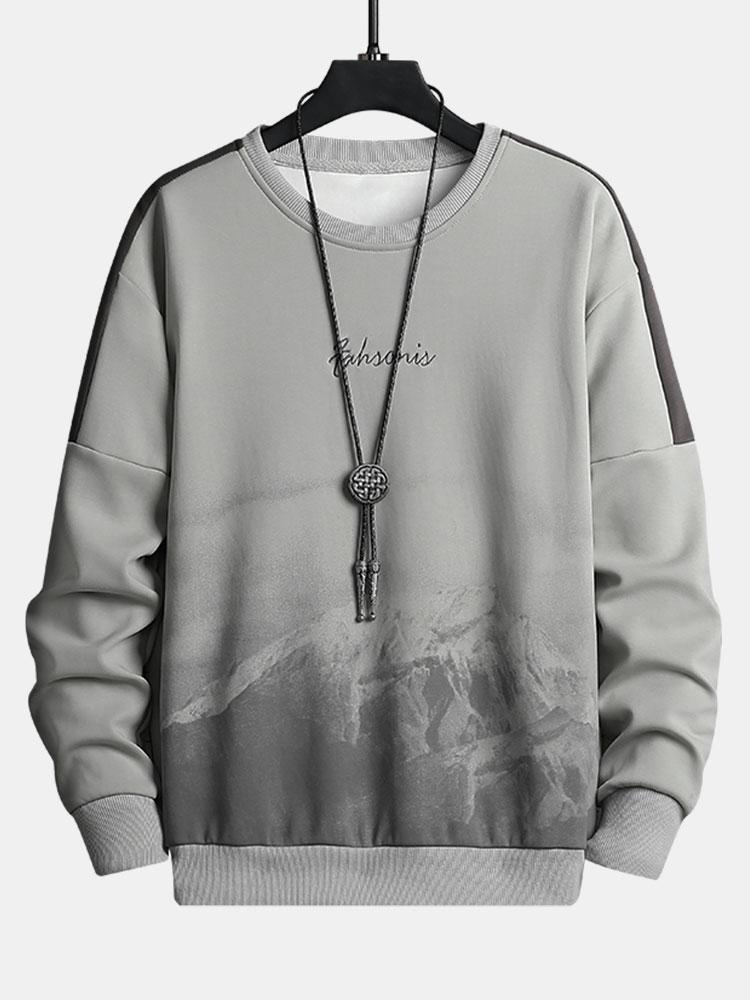 Men's Mountain Graphic Crew Neck Sweatshirt – Relaxed Fit Pullover - Grey
