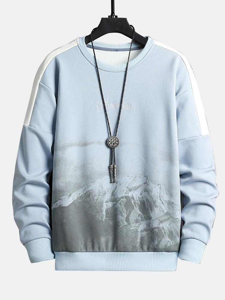 Men's Mountain Graphic Crew Neck Sweatshirt – Relaxed Fit Pullover - Light Blue
