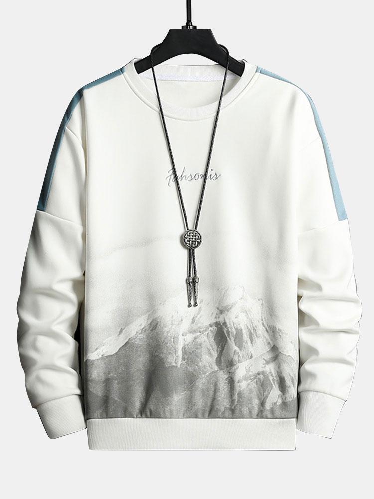 Men's Mountain Graphic Crew Neck Sweatshirt – Relaxed Fit Pullover - White