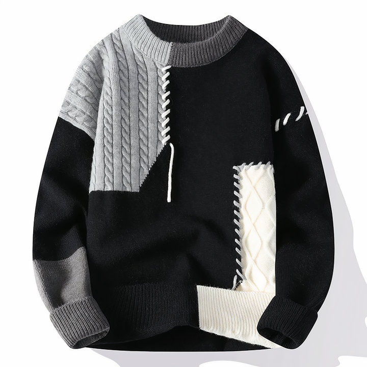 Men's Patchwork Crewneck Sweater - Bold Mixed Knit - Black-Grey