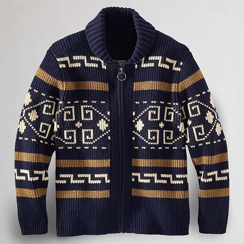 Men's Patterned Zip Cardigan - Navy Blue