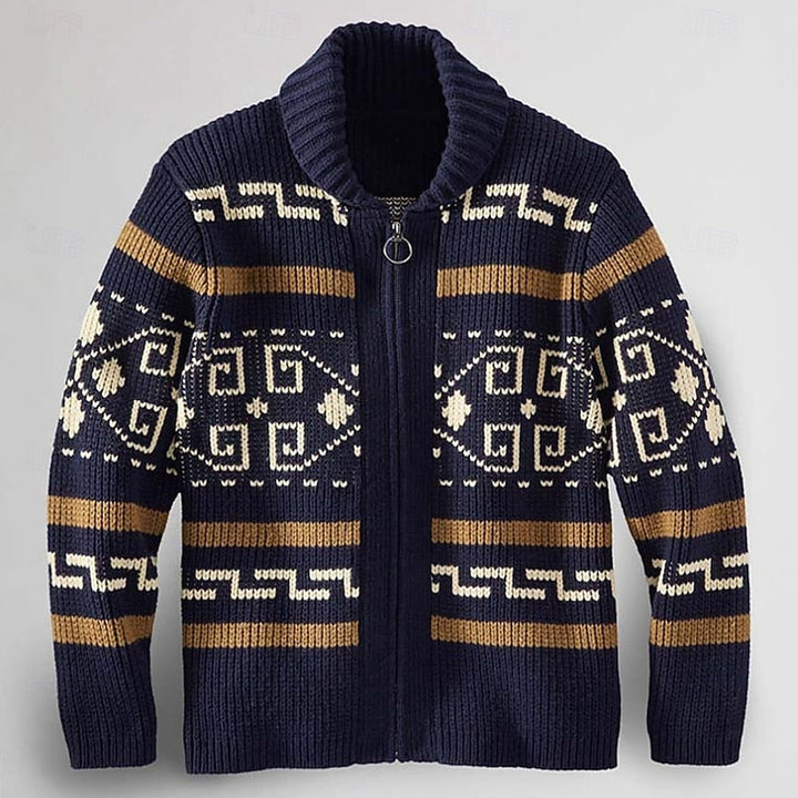 Men's Patterned Zip Cardigan - Navy Blue