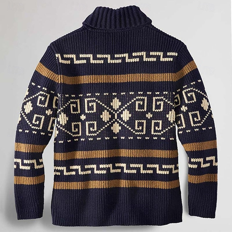 Men's Patterned Zip Cardigan - Navy Blue