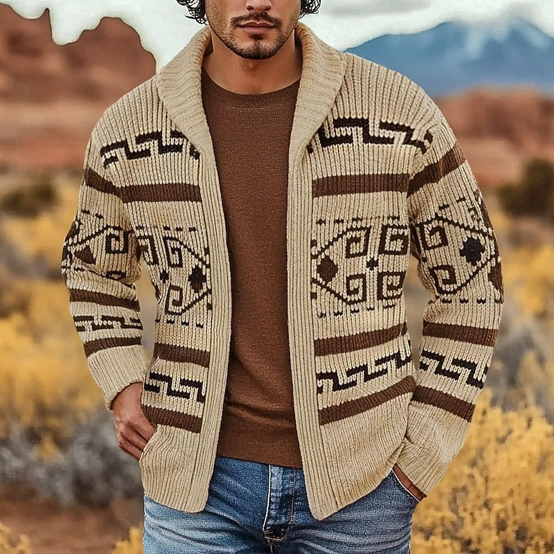 Men's Patterned Zip Cardigan in khaki, Navy Blue