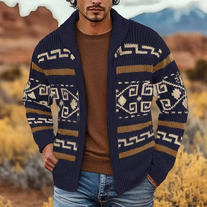 Men's Patterned Zip Cardigan in navy, Navy Blue