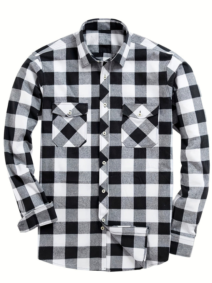 Men's Plaid Flannel Shirt with Dual Chest Pockets - Casual - Black