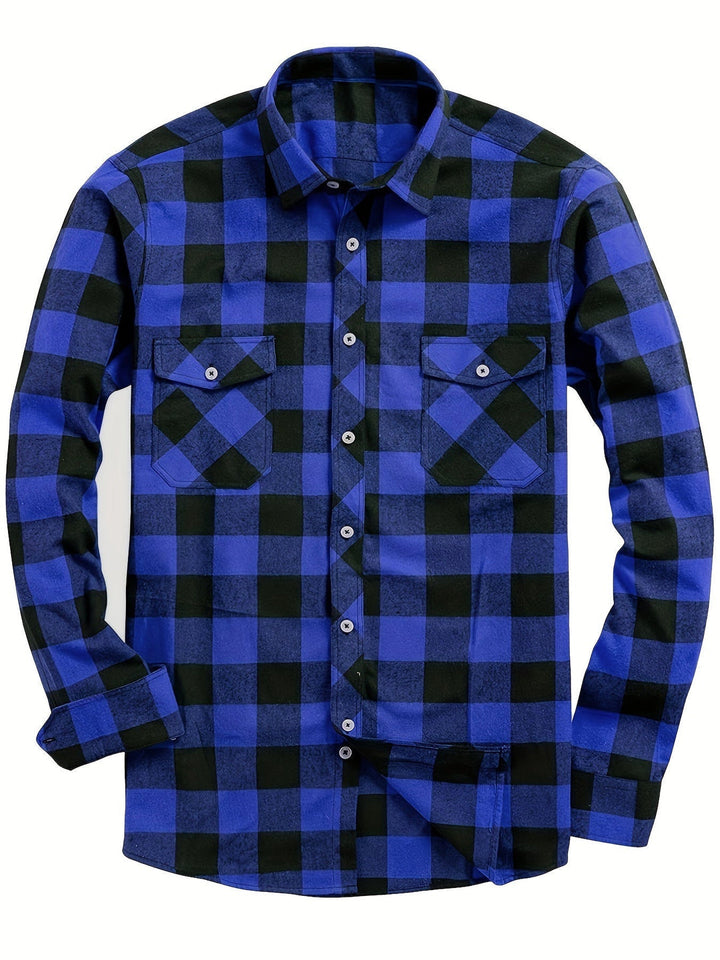 Men's Plaid Flannel Shirt with Dual Chest Pockets - Casual - Blue