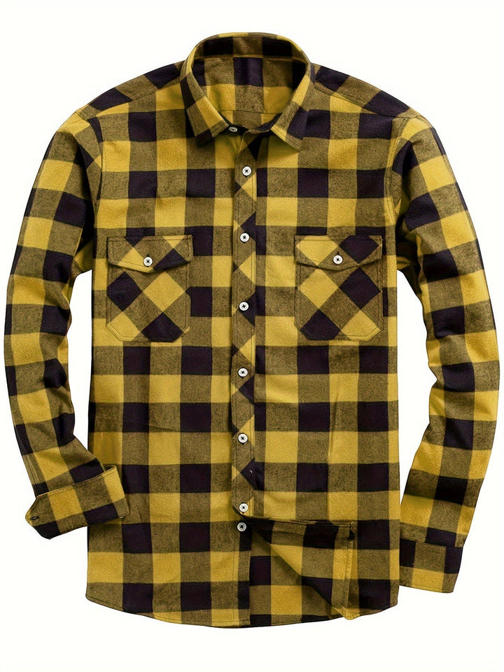 Men's Plaid Flannel Shirt with Dual Chest Pockets - Casual - Gold