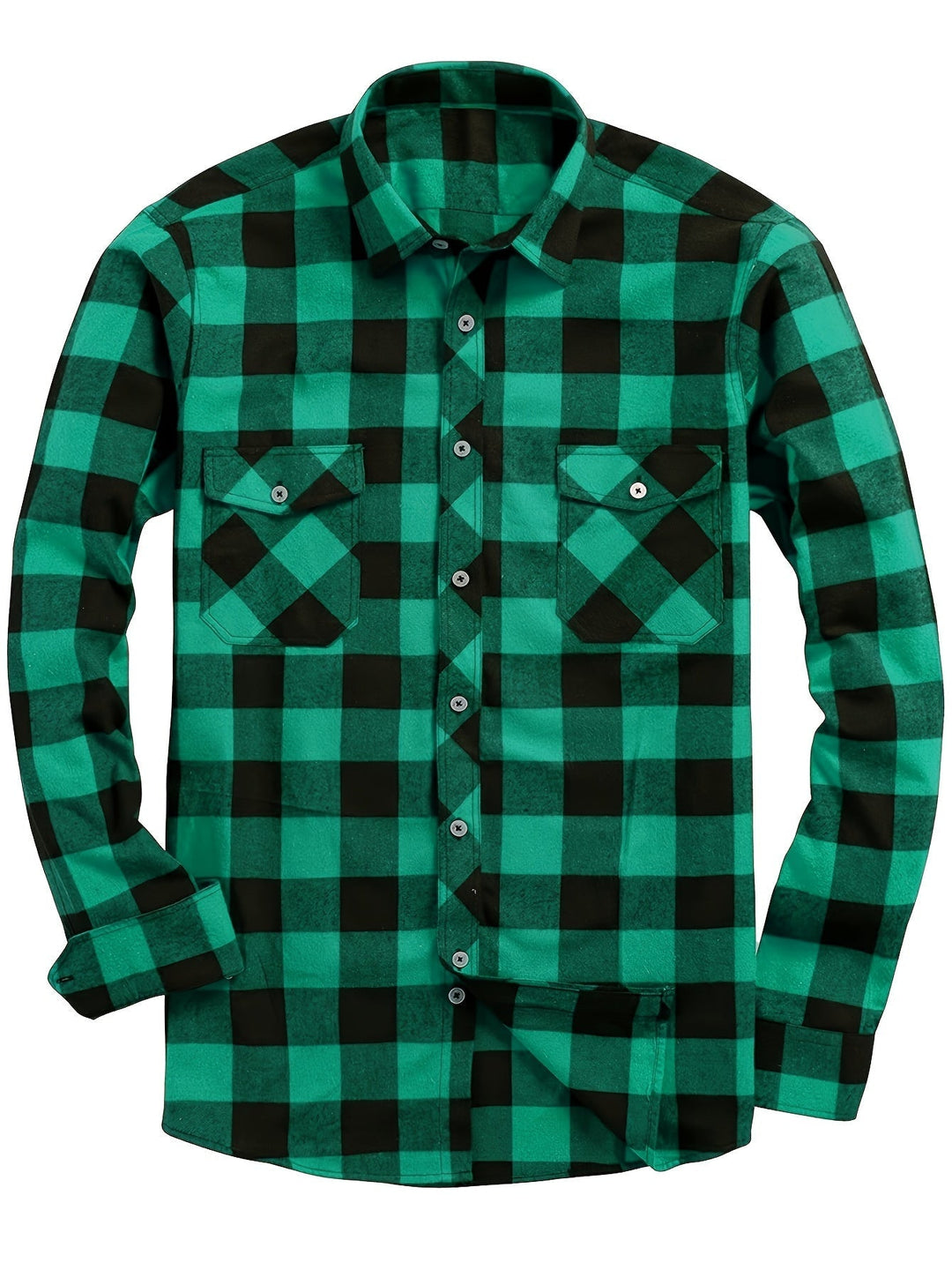 Men's Plaid Flannel Shirt with Dual Chest Pockets - Casual - Green