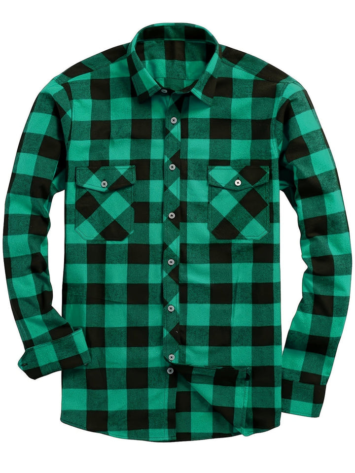 Men's Plaid Flannel Shirt with Dual Chest Pockets - Casual - Green
