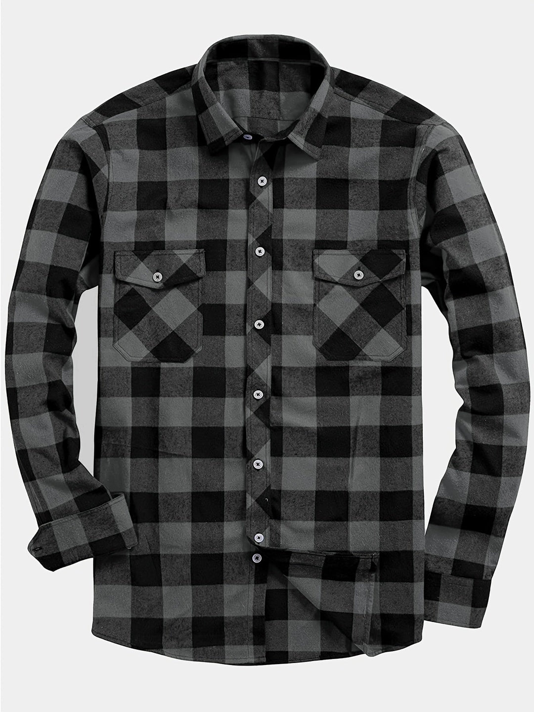 Men's Plaid Flannel Shirt with Dual Chest Pockets - Casual - Grey