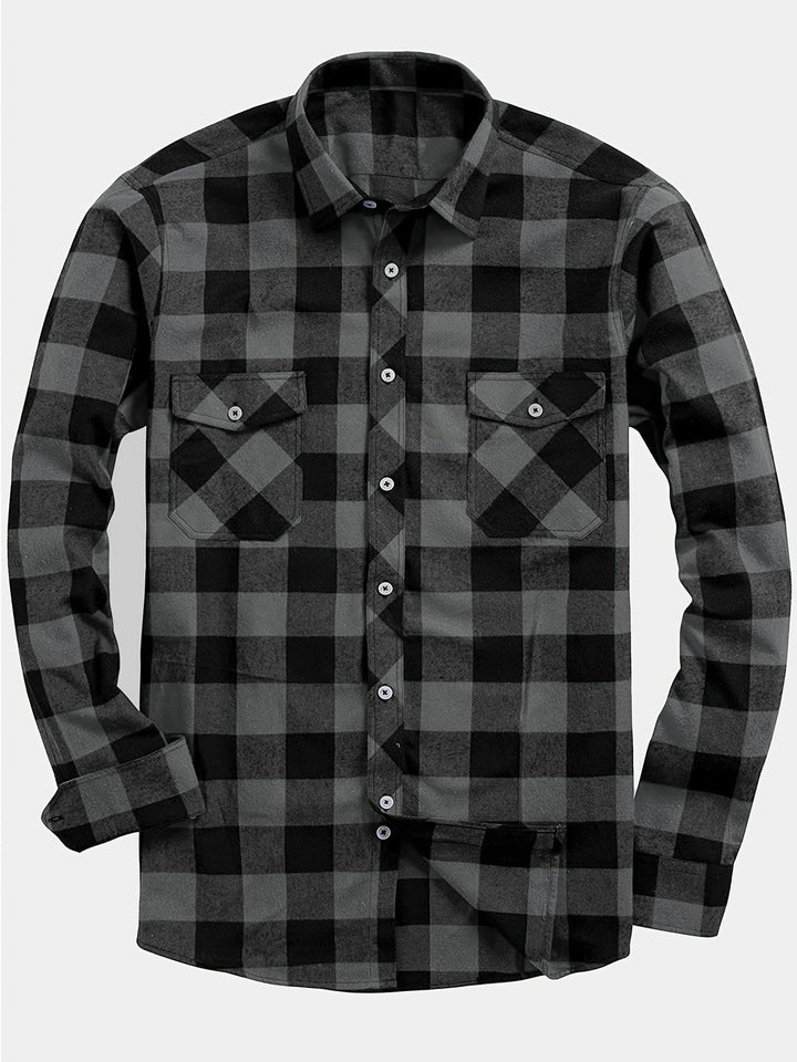 Men's Plaid Flannel Shirt with Dual Chest Pockets - Casual - Grey