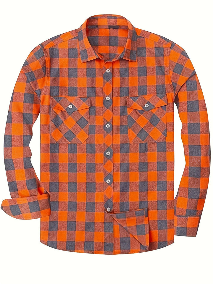 Men's Plaid Flannel Shirt with Dual Chest Pockets - Casual - Orange